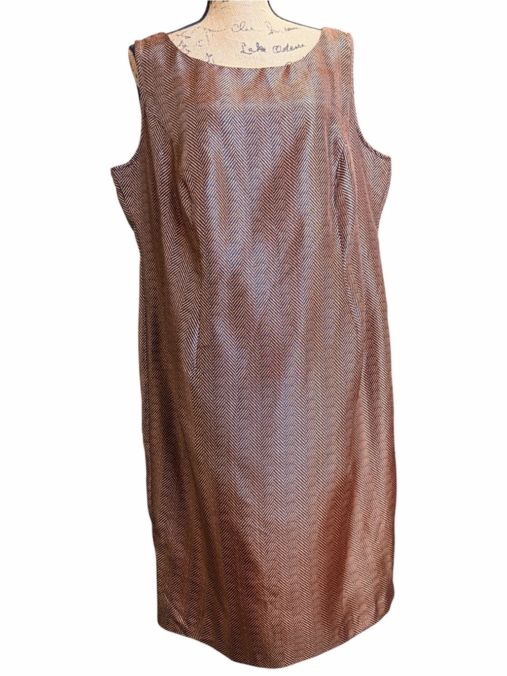 Dana Kay Sleeveless Brown Herringbone Shift Dress. EC. Size 18W